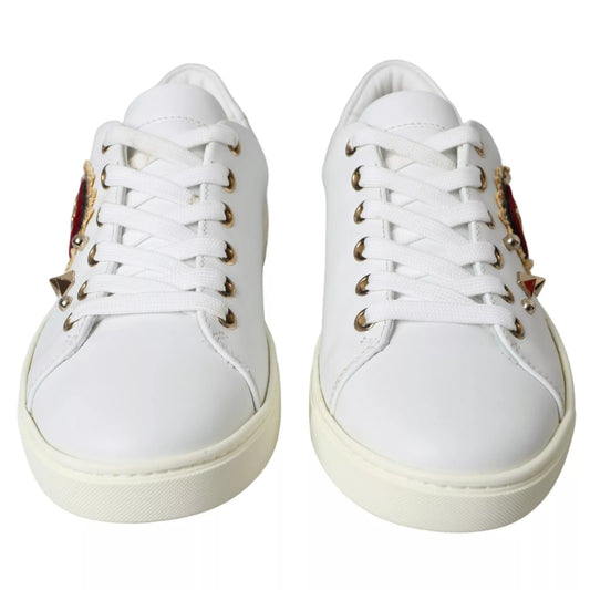 Dolce &amp; Gabbana Weiße Leder Gold Rote Herz Sneakers Schuhe