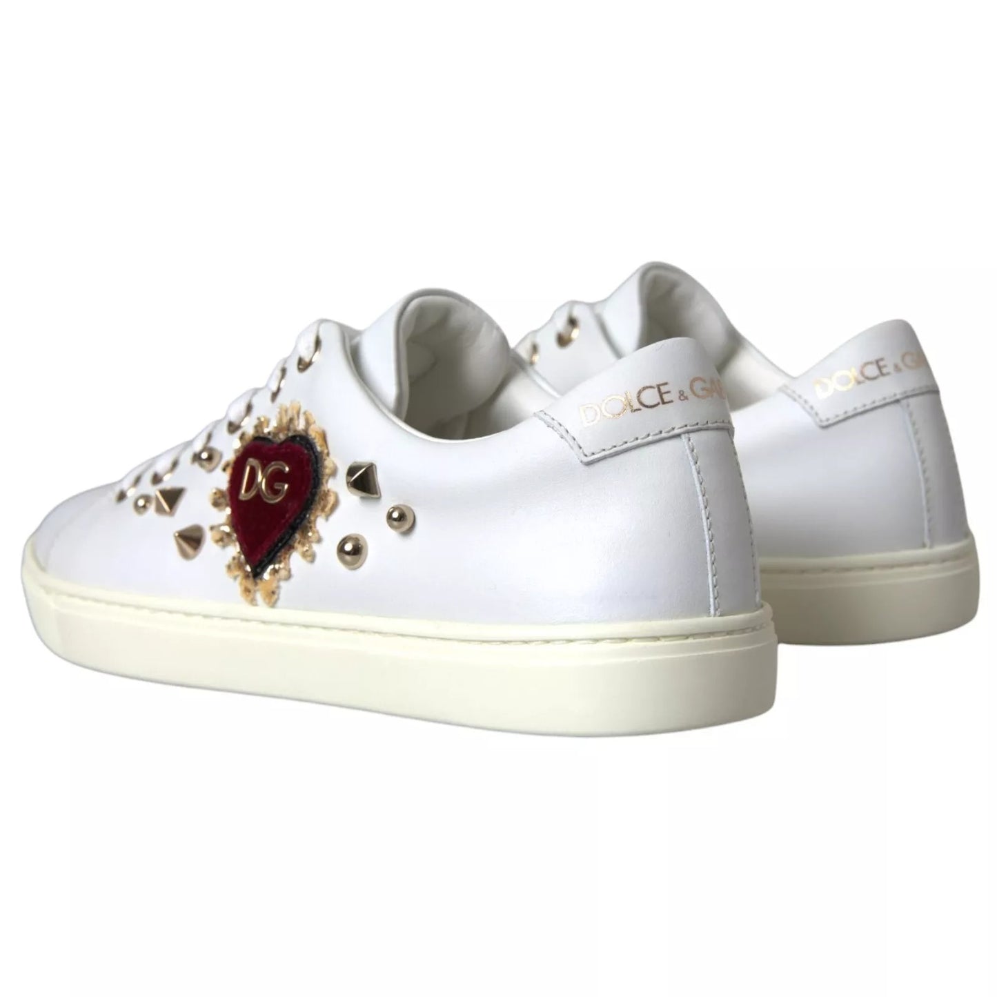 Dolce &amp; Gabbana Weiße Leder Gold Rote Herz Sneakers Schuhe