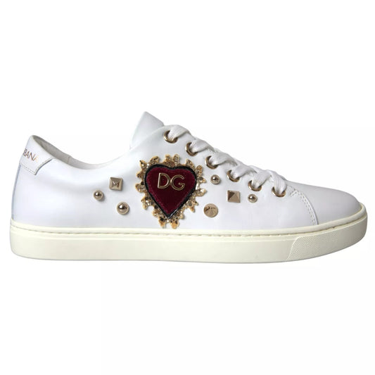 Dolce &amp; Gabbana Weiße Leder Gold Rote Herz Sneakers Schuhe
