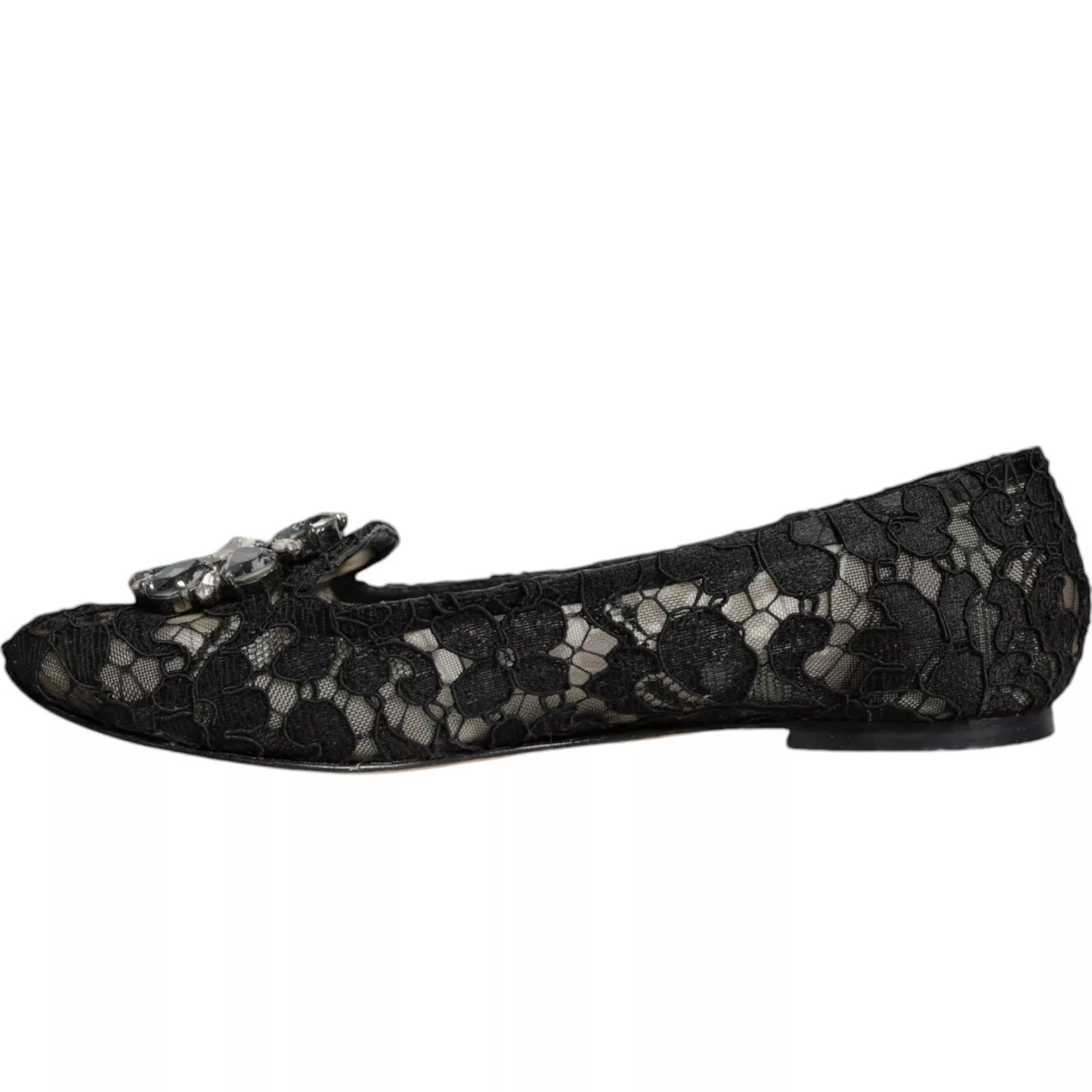 Dolce & Gabbana Black Lace Crystal Ballet Flats Loafer Shoes