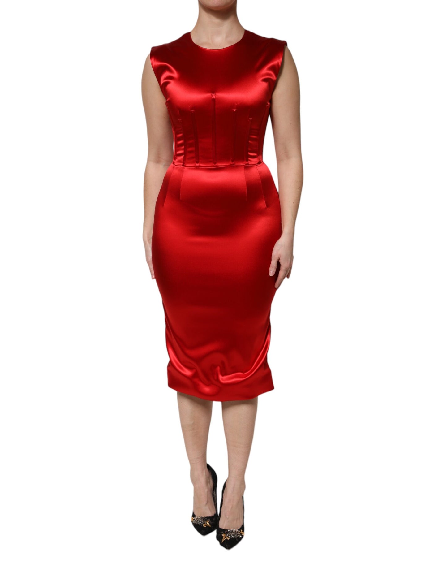 Dolce & Gabbana Red Acetate Sleeveless Sheath Midi Dress