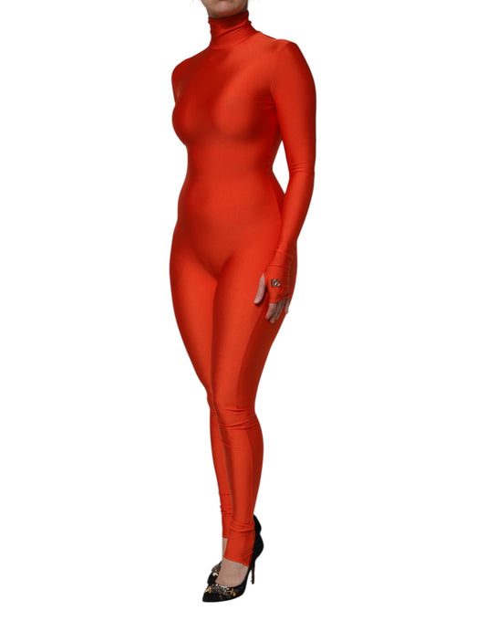 Dolce &amp; Gabbana, rotes, figurbetontes Jumpsuit-Kleid aus Nylon mit Rollkragen