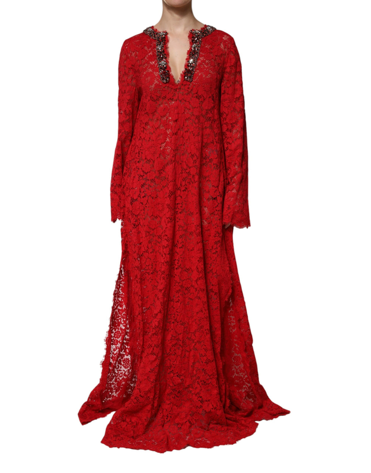 Dolce &amp; Gabbana – Rotes Kleid mit Blumenspitze und Strassverzierung