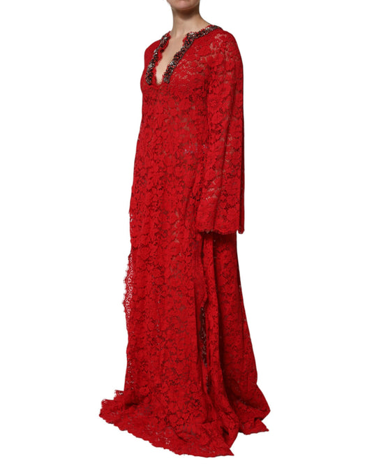 Dolce &amp; Gabbana – Rotes Kleid mit Blumenspitze und Strassverzierung
