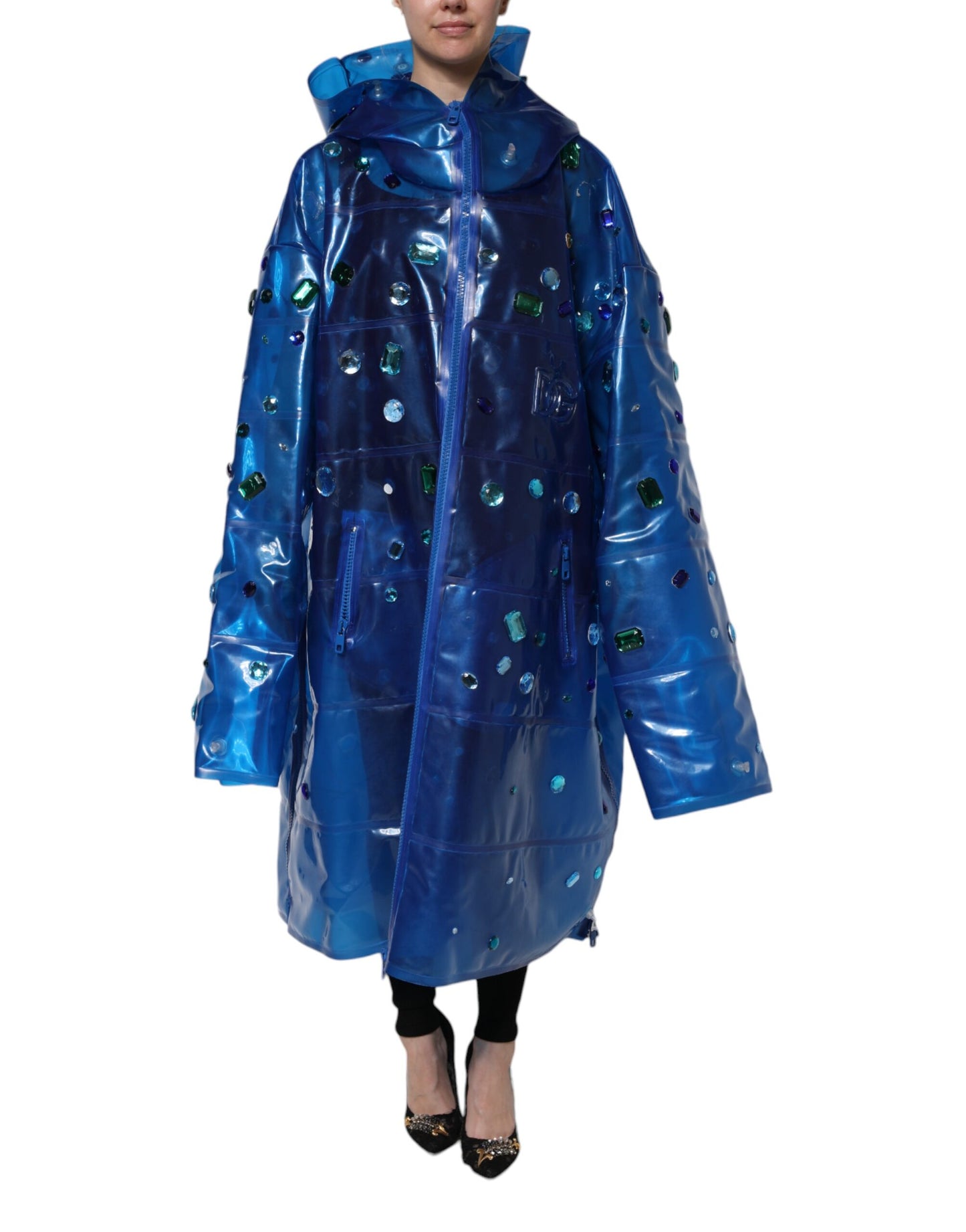 Dolce & Gabbana Blue Crystal Hooded Raincoat Jacket