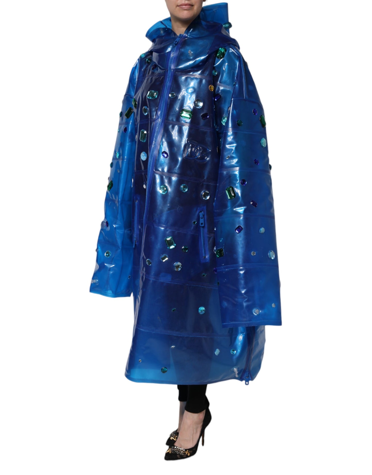 Dolce & Gabbana Blue Crystal Hooded Raincoat Jacket