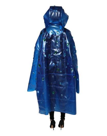 Dolce & Gabbana Blue Crystal Hooded Raincoat Jacket