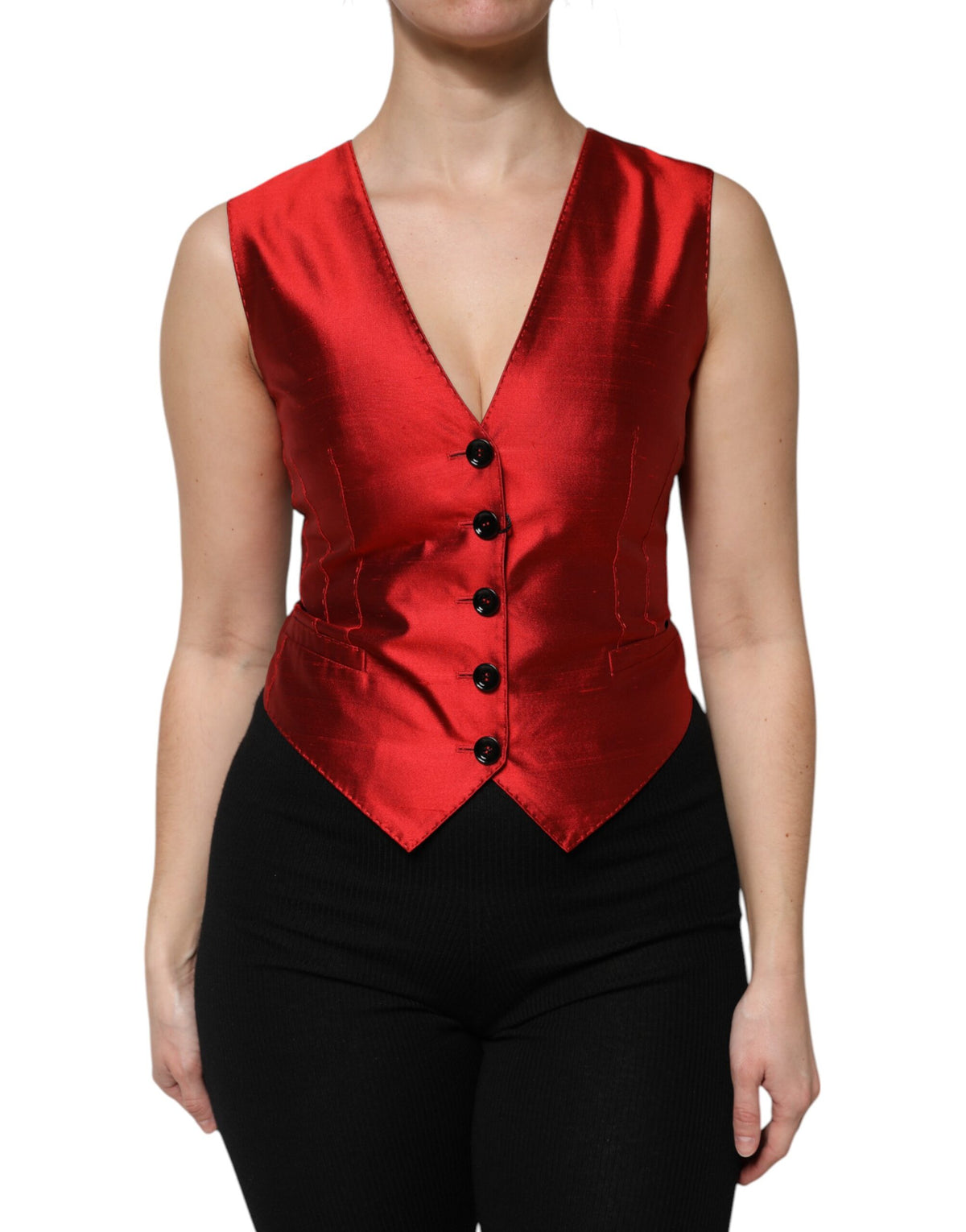 Dolce &amp; Gabbana Rot-Schwarzes ärmelloses Westentop mit Knopfleiste