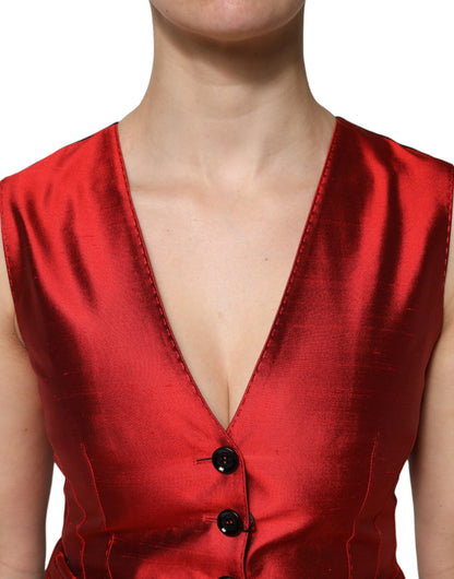 Dolce & Gabbana Red Black Button Down Sleeveless Vest Top