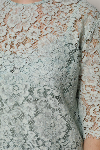 Dolce & Gabbana Mint Green Floral Lace Cotton Blouse Top