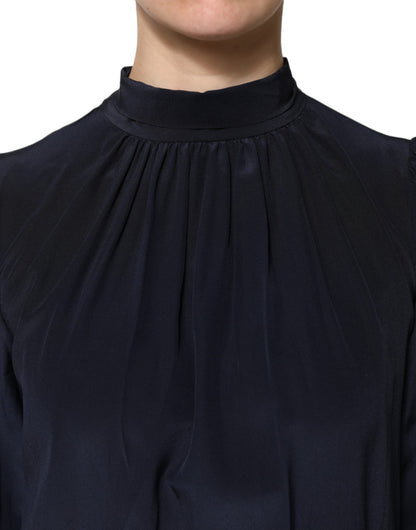 Dolce & Gabbana Blue Silk Mock Neck Long Sleeves Blouse Top