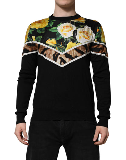 Dolce &amp; Gabbana – Schwarzer Seidenpullover mit Rundhalsausschnitt und Blumenmuster