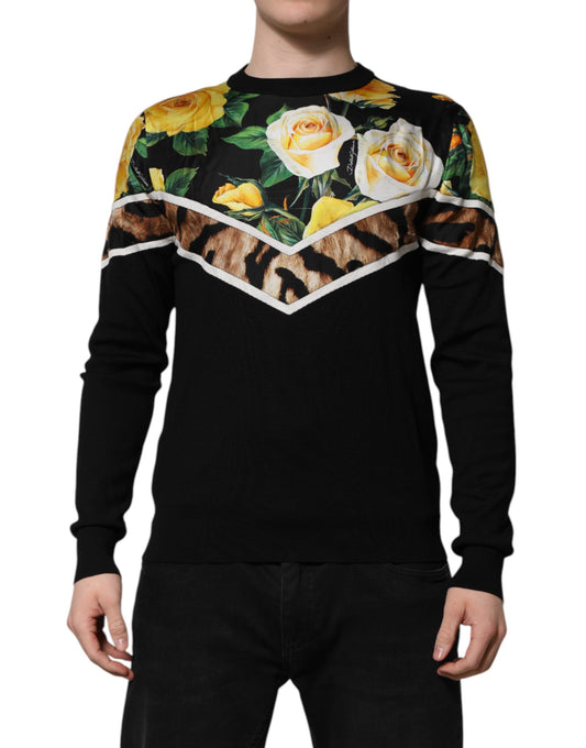 Dolce &amp; Gabbana – Schwarzer Seidenpullover mit Rundhalsausschnitt und Blumenmuster