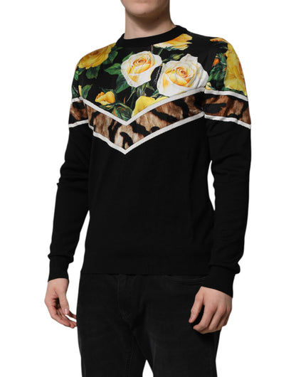 Dolce &amp; Gabbana – Schwarzer Seidenpullover mit Rundhalsausschnitt und Blumenmuster