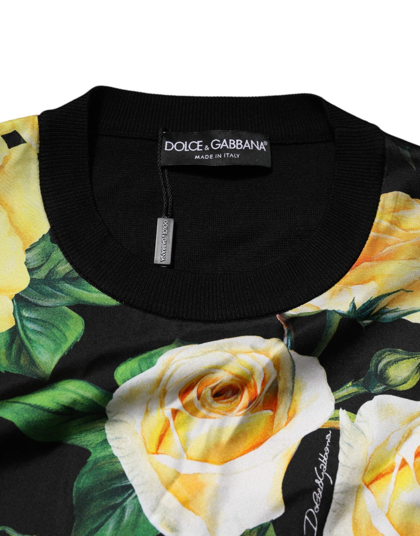 Dolce &amp; Gabbana – Schwarzer Seidenpullover mit Rundhalsausschnitt und Blumenmuster