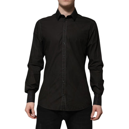 Dolce & Gabbana Black Cotton Jacquard GOLD Collar Dress Shirt