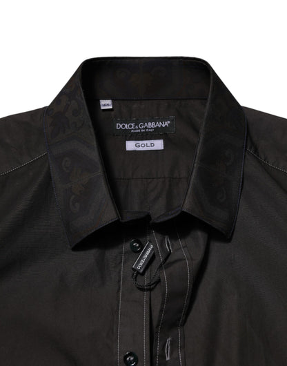 Dolce & Gabbana Black Cotton Jacquard GOLD Collar Dress Shirt