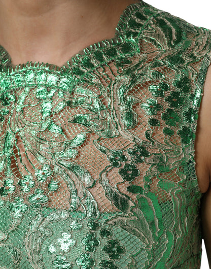 Dolce &amp; Gabbana – Grünes Midi-Etuikleid aus geblümter Baumwolle mit Spitze