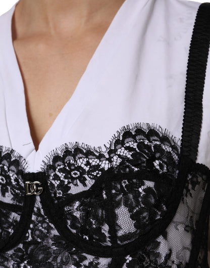 Dolce &amp; Gabbana – Weißes Baumwoll-Spitzenoberteil mit V-Ausschnitt und kurzen Ärmeln