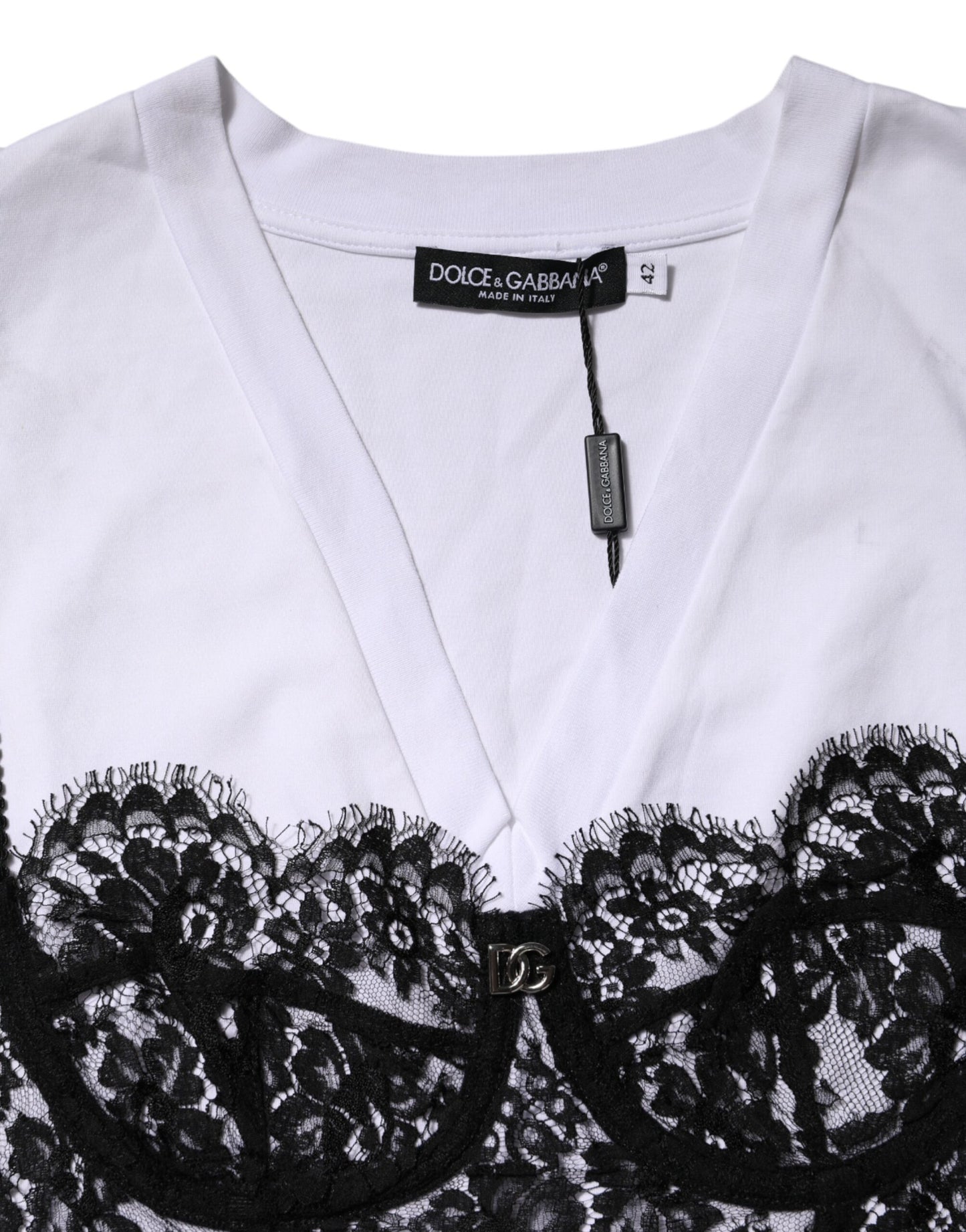 Dolce &amp; Gabbana – Weißes Baumwoll-Spitzenoberteil mit V-Ausschnitt und kurzen Ärmeln