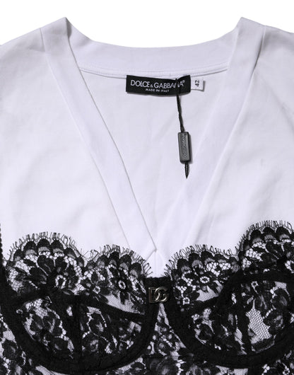 Dolce &amp; Gabbana – Weißes Baumwoll-Spitzenoberteil mit V-Ausschnitt und kurzen Ärmeln