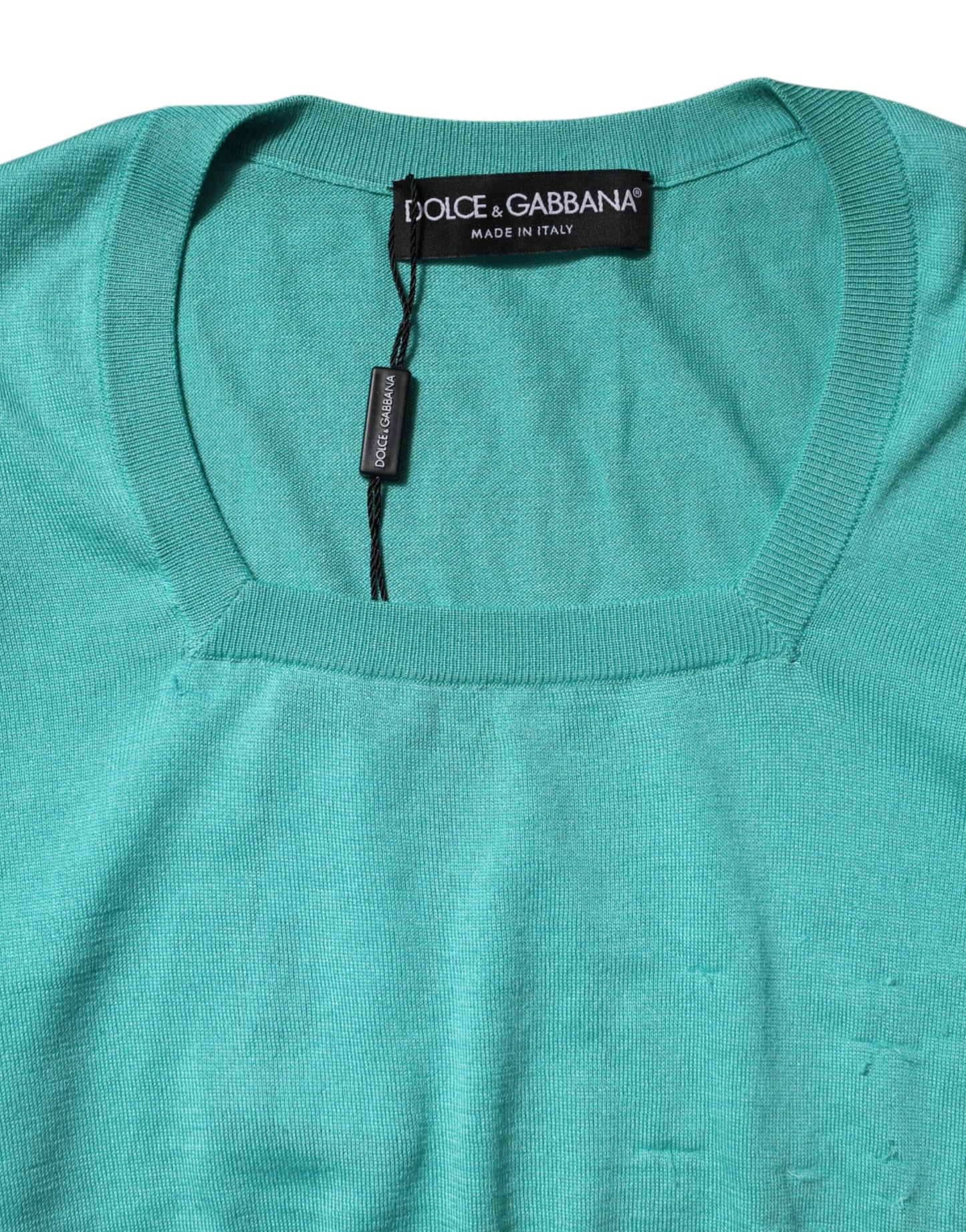 Dolce & Gabbana Aqua Blue Silk Short Sleeves Square Neck Top