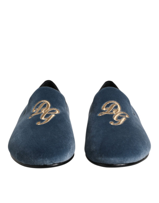 Dolce &amp; Gabbana – Blaue Loafer aus Samt mit DG-Logo, formelle Schuhe