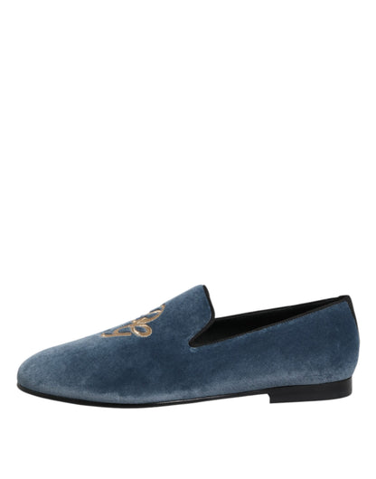 Dolce &amp; Gabbana – Blaue Loafer aus Samt mit DG-Logo, formelle Schuhe