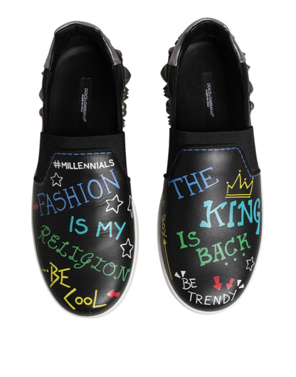 Dolce &amp; Gabbana – Schwarze Sneakers aus Leder mit Graffiti-Nieten