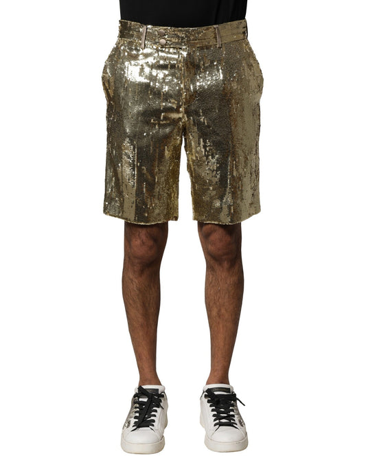 Dolce &amp; Gabbana – Bermudashorts aus Polyester mit goldenen Paillettenverzierungen
