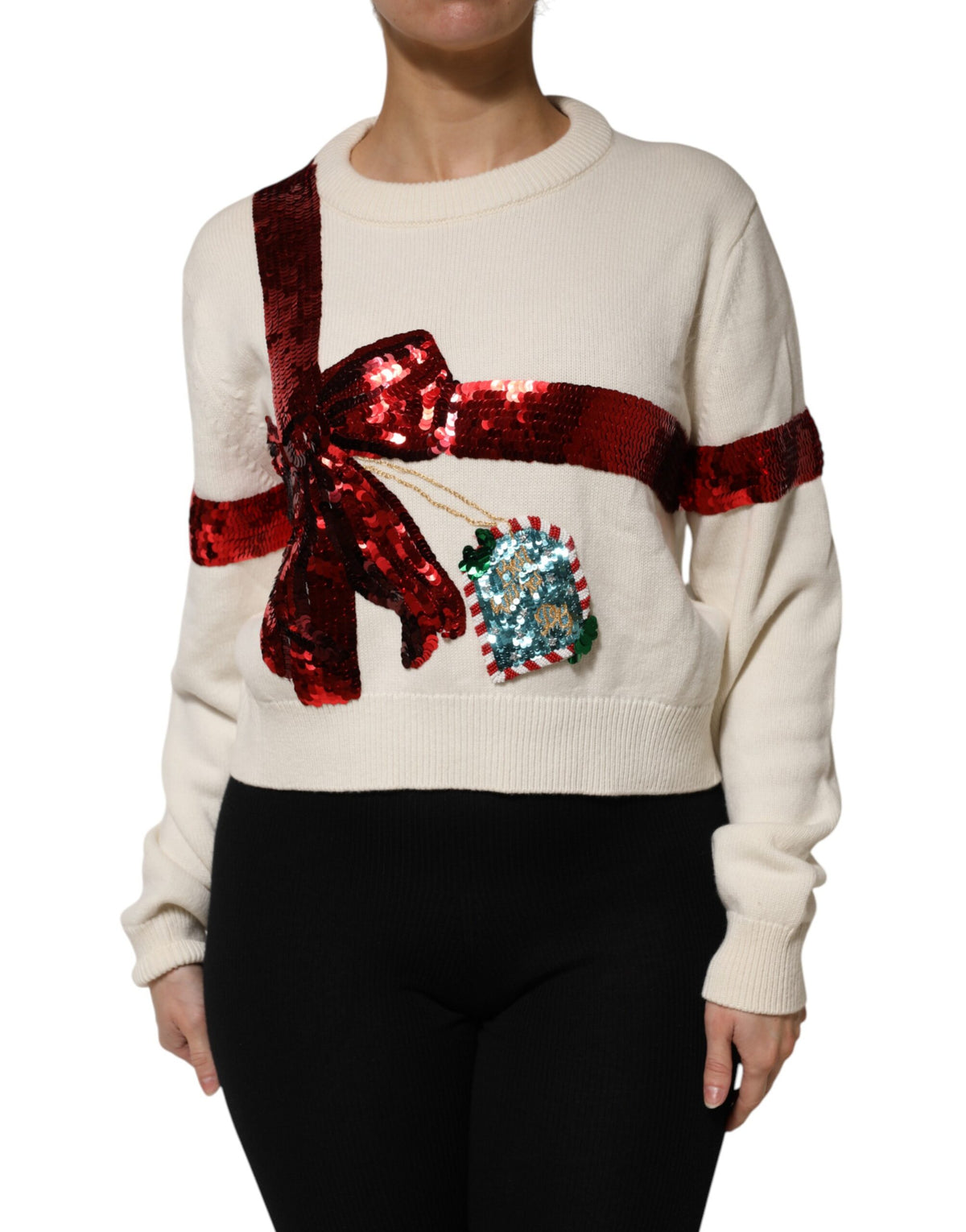 Dolce &amp; Gabbana – Weißer Pullover mit Rundhalsausschnitt und Pailletten