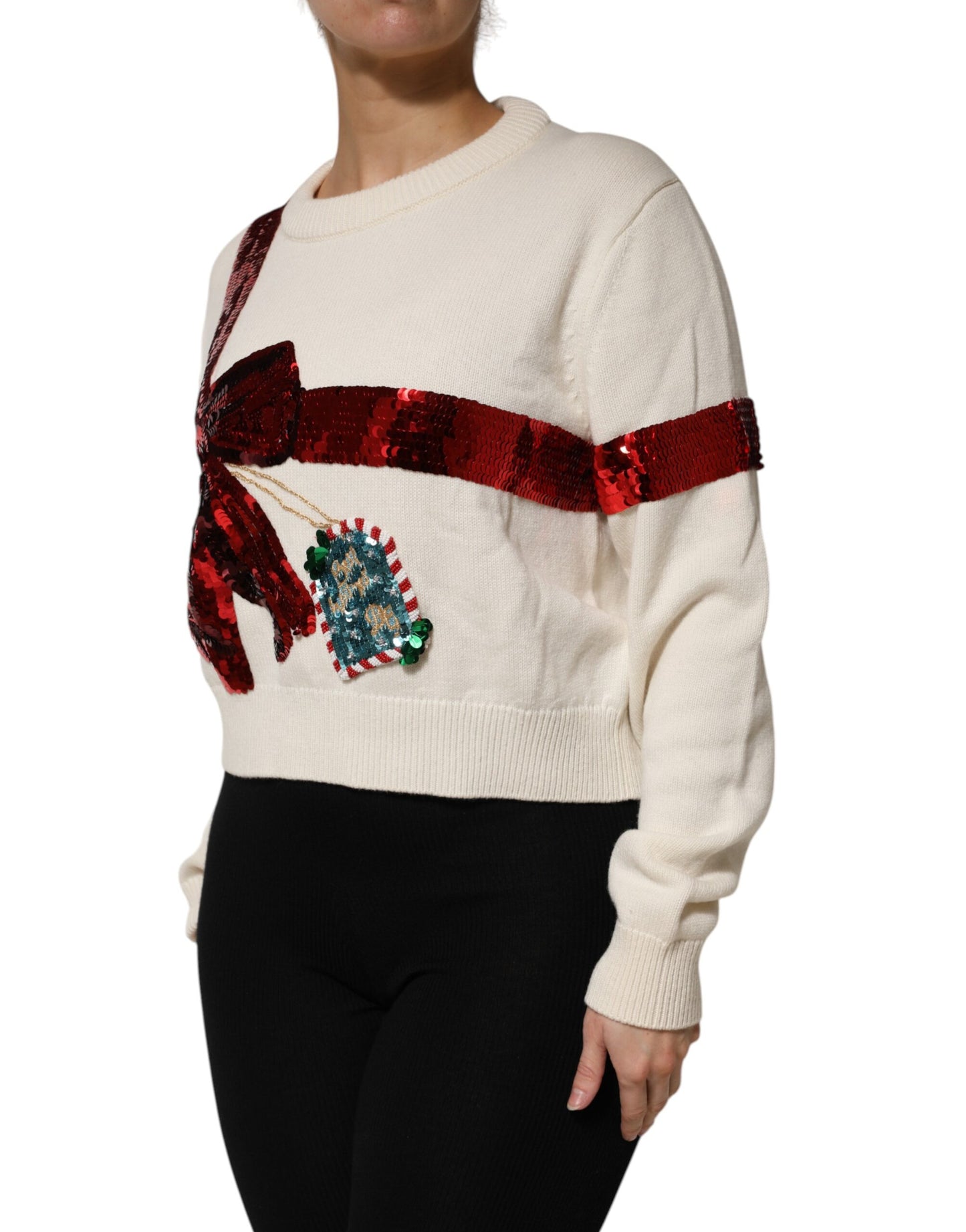 Dolce &amp; Gabbana – Weißer Pullover mit Rundhalsausschnitt und Pailletten