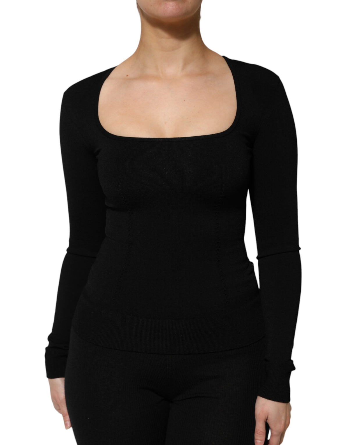 Dolce &amp; Gabbana – Schwarzes Pullover-Oberteil mit eckigem Ausschnitt und langen Ärmeln