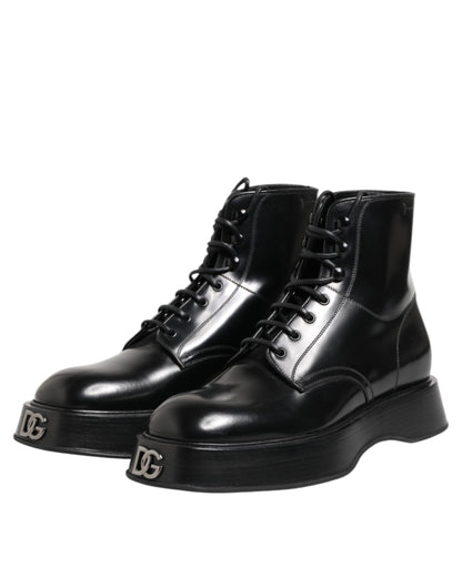 Dolce &amp; Gabbana – Schwarze Stiefeletten aus Leder mit Logo und Schnürung