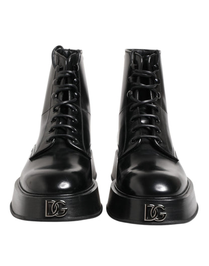 Dolce &amp; Gabbana – Schwarze Stiefeletten aus Leder mit Logo und Schnürung