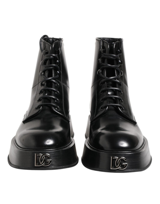 Dolce &amp; Gabbana – Schwarze Stiefeletten aus Leder mit Logo und Schnürung