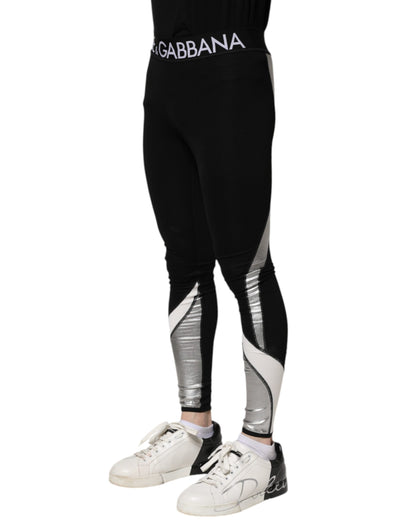 Dolce &amp; Gabbana Schwarze, silberne Nylon-Leggings für Herren