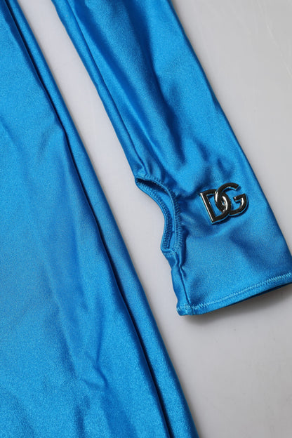 Dolce &amp; Gabbana, blaues, figurbetontes Jumpsuit-Kleid aus Nylon mit Rollkragen