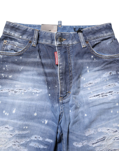 Dsquared² Blue Tattered Cotton Mid Waist Straight Denim Jeans