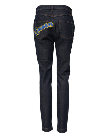 Dolce &amp; Gabbana Blue Queen Patch AUDREY Jeans mit mittlerer Taille
