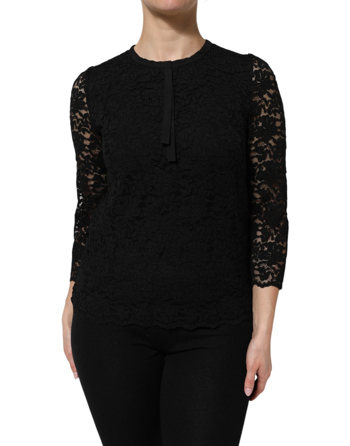 Dolce &amp; Gabbana – Schwarzes Langarm-Blusetop aus Nylonspitze