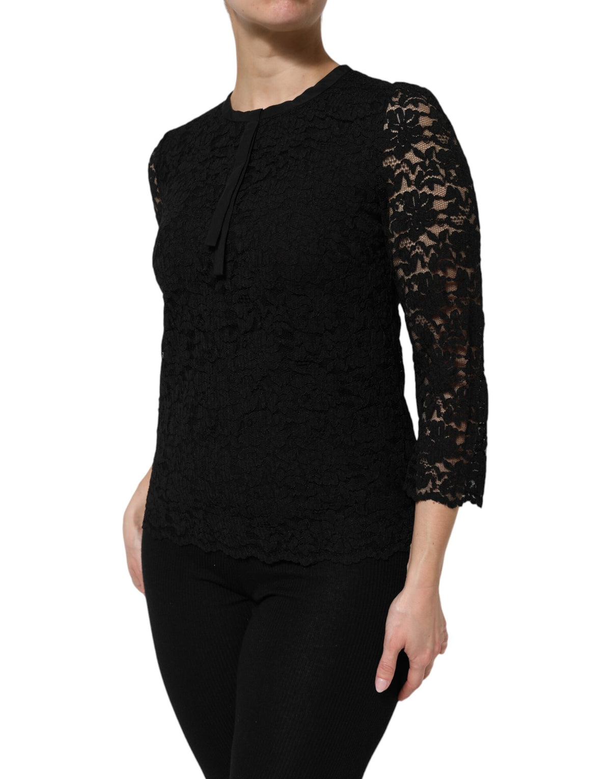 Dolce &amp; Gabbana – Schwarzes Langarm-Blusetop aus Nylonspitze
