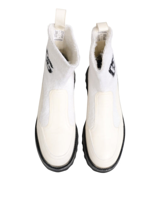 Dolce & Gabbana White Beige DG Logo Mid Calf Boots Shoes