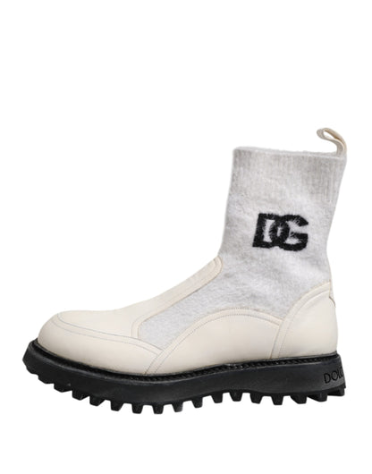 Dolce & Gabbana White Beige DG Logo Mid Calf Boots Shoes