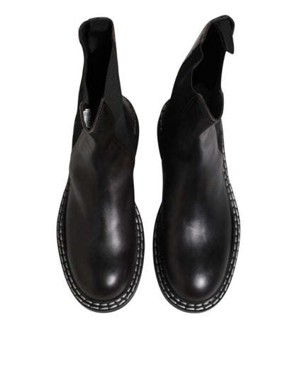 Dolce &amp; Gabbana – Schwarze, wadenlange Lederstiefel mit flacher Sohle