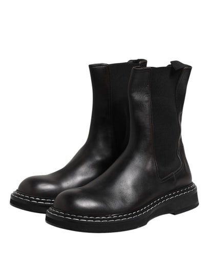 Dolce &amp; Gabbana – Schwarze, wadenlange Lederstiefel mit flacher Sohle