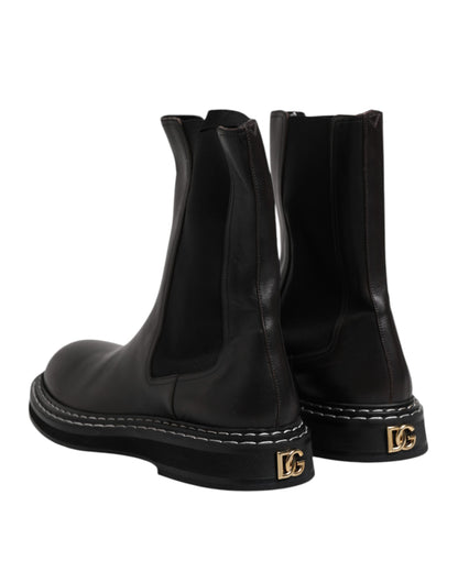 Dolce &amp; Gabbana – Schwarze, wadenlange Lederstiefel mit flacher Sohle
