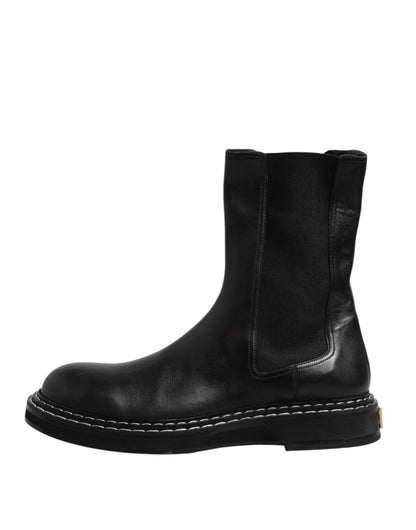 Dolce &amp; Gabbana – Schwarze, wadenlange Lederstiefel mit flacher Sohle