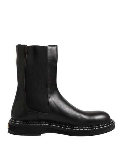 Dolce &amp; Gabbana – Schwarze, wadenlange Lederstiefel mit flacher Sohle