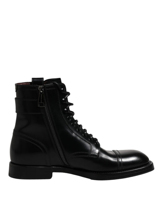 Dolce &amp; Gabbana – Schwarze Lederstiefel mit halbhoher Wade und Schnürschuhen